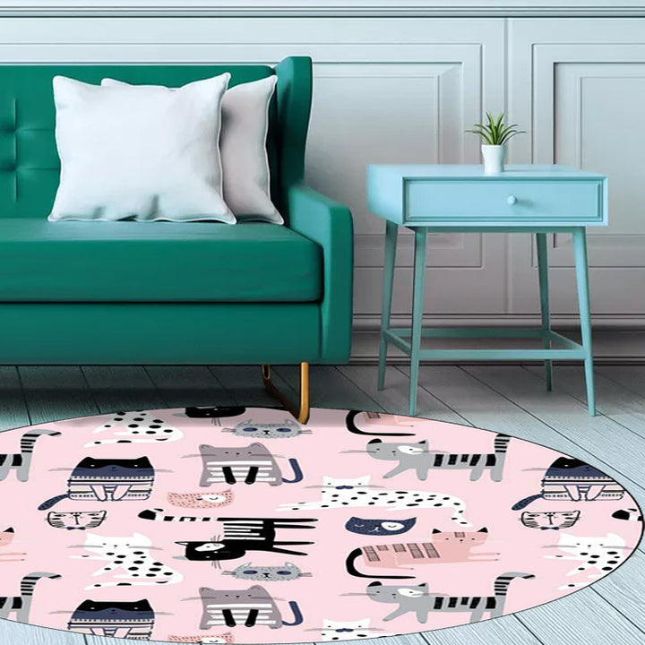 Stornfield | Pink Children's Room Rug Cat Animal Pattern Non-Slip Washable Polyester Rug