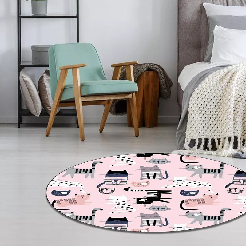 Stornfield | Pink Children's Room Rug Cat Animal Pattern Non-Slip Washable Polyester Rug