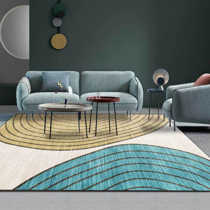 Stornfield | Ivory & Yellow Novelty Living Room Rug with Colour Block Stripe Pattern Non-Slip Polyester Mat Bedroom Carpet