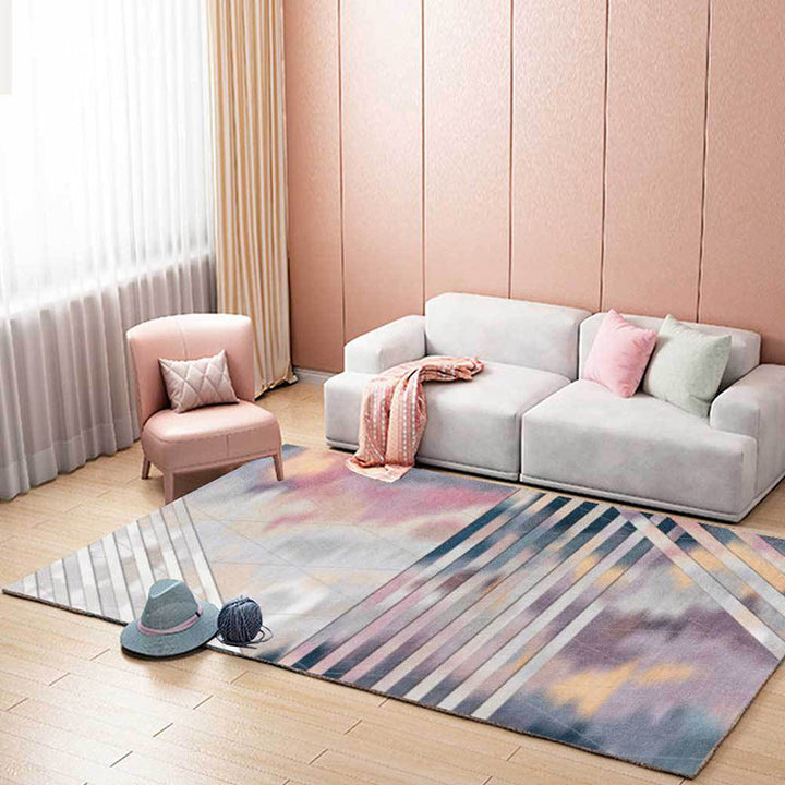Stornfield | Pink Bedroom Rug Geometric Stripe Pattern Carpet Polyester Rug Pet Friendly Non-Slip Rug