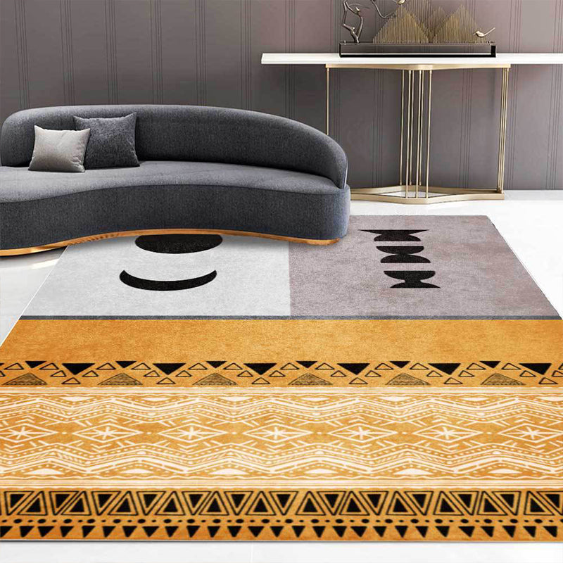 Stornfield | Funky Tribal Print Yellow Rug Vintage Machine Washable Polyester Non-Slip Bedroom Rug