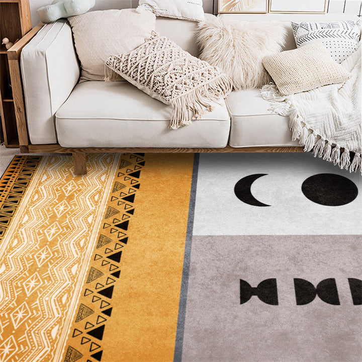 Stornfield | Funky Tribal Print Yellow Rug Vintage Machine Washable Polyester Non-Slip Bedroom Rug