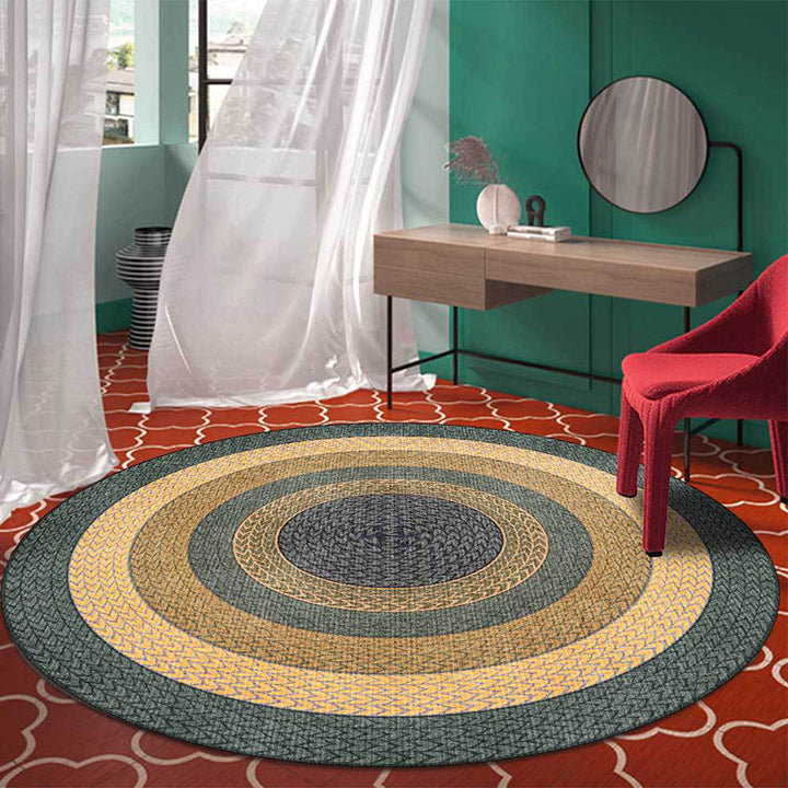 Stornfield | Rustic Yellow and Green Concentric Circles Pattern Polyester Rug Machine Washable Non-Slip Living Room Rug
