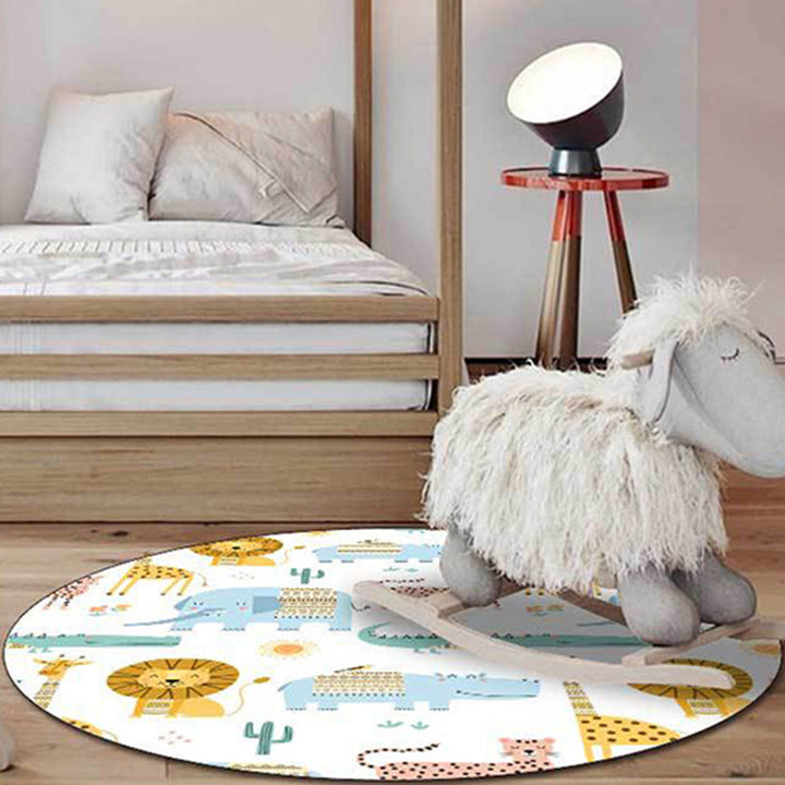 Stornfield | White Kids Room Rug with Lion Elephant Crocodile Animal Pattern Machine Washable Polyester Area Rug