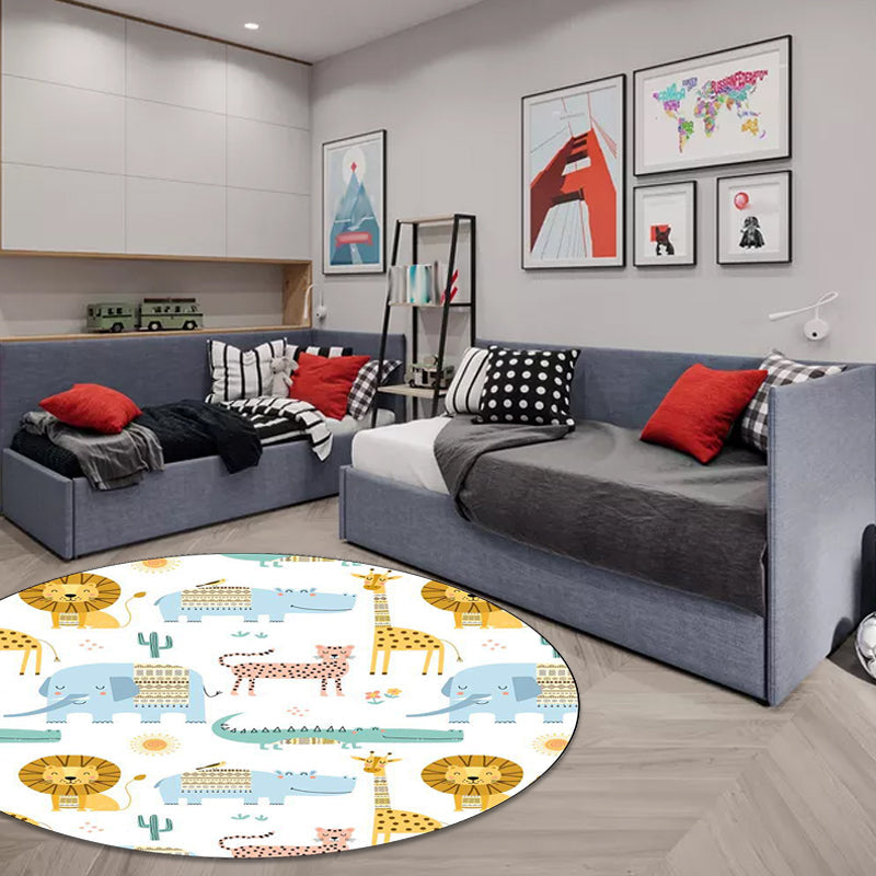 Stornfield | White Kids Room Rug with Lion Elephant Crocodile Animal Pattern Machine Washable Polyester Area Rug