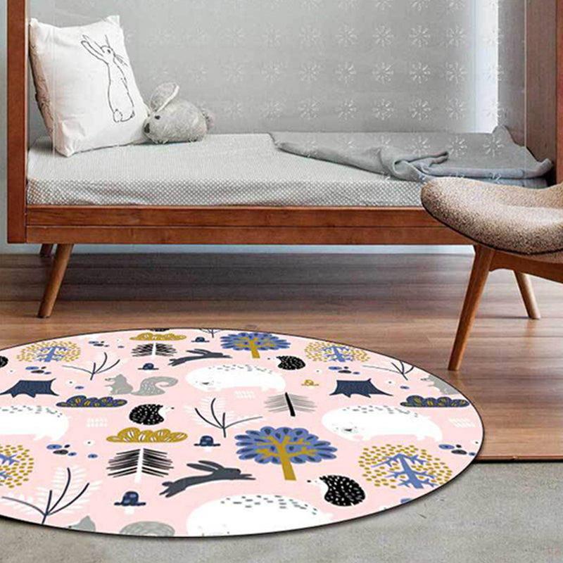 Stornfield | Kids Bedroom Rug Pink Animal Print Rabbit Hedgehog Bear Non-Slip Washable Polyester Area Rug