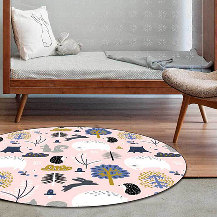 Stornfield | Kids Bedroom Rug Pink Animal Print Rabbit Hedgehog Bear Non-Slip Washable Polyester Area Rug