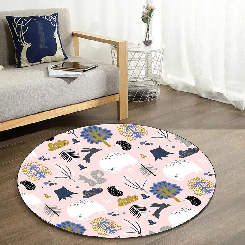 Stornfield | Kids Bedroom Rug Pink Animal Print Rabbit Hedgehog Bear Non-Slip Washable Polyester Area Rug