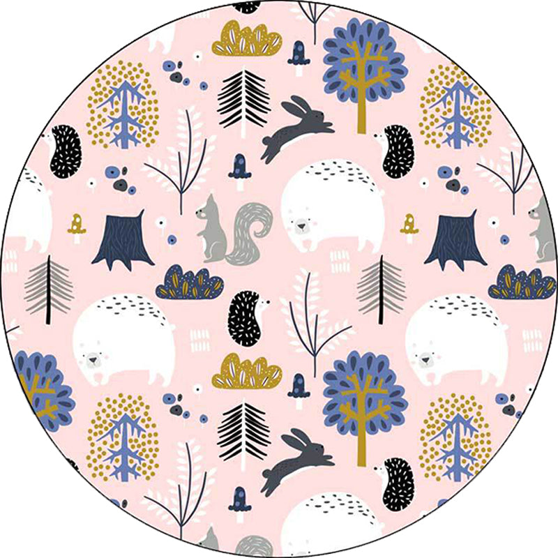 Stornfield | Kids Bedroom Rug Pink Animal Print Rabbit Hedgehog Bear Non-Slip Washable Polyester Area Rug