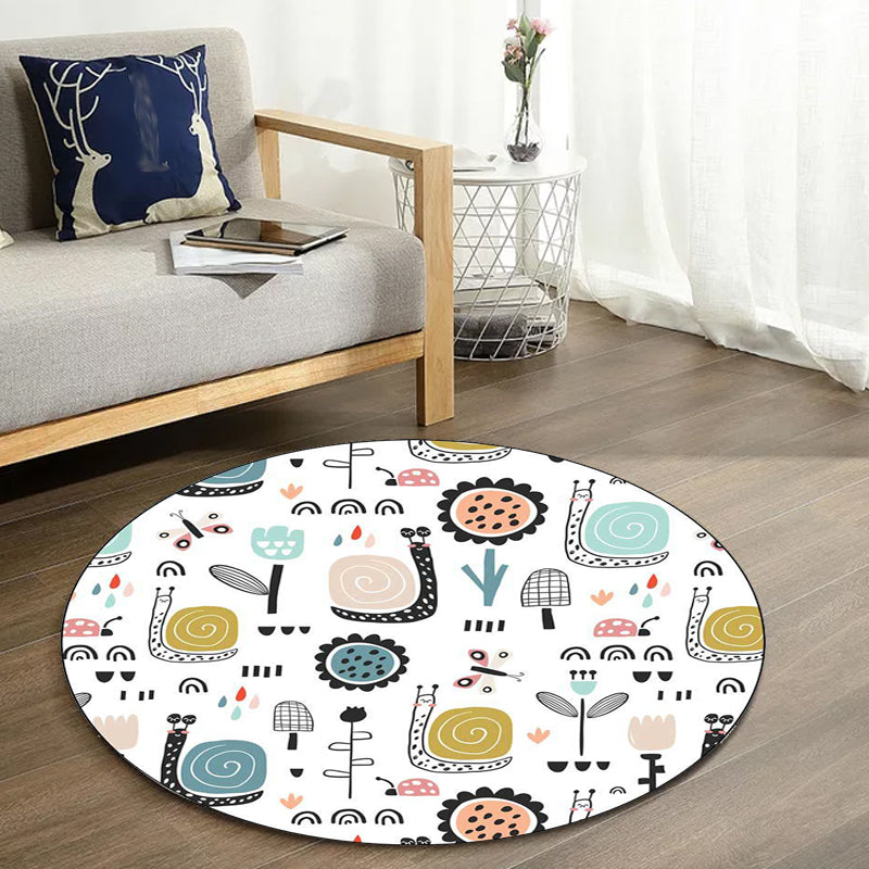 Stornfield | Unique White Snail, Butterfly, and Flower Pattern Children's Rug Non-Slip Polyester Mat for Kids' Room