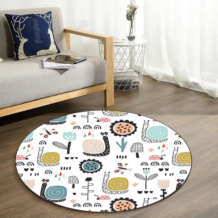 Stornfield | Unique White Snail, Butterfly, and Flower Pattern Children's Rug Non-Slip Polyester Mat for Kids' Room