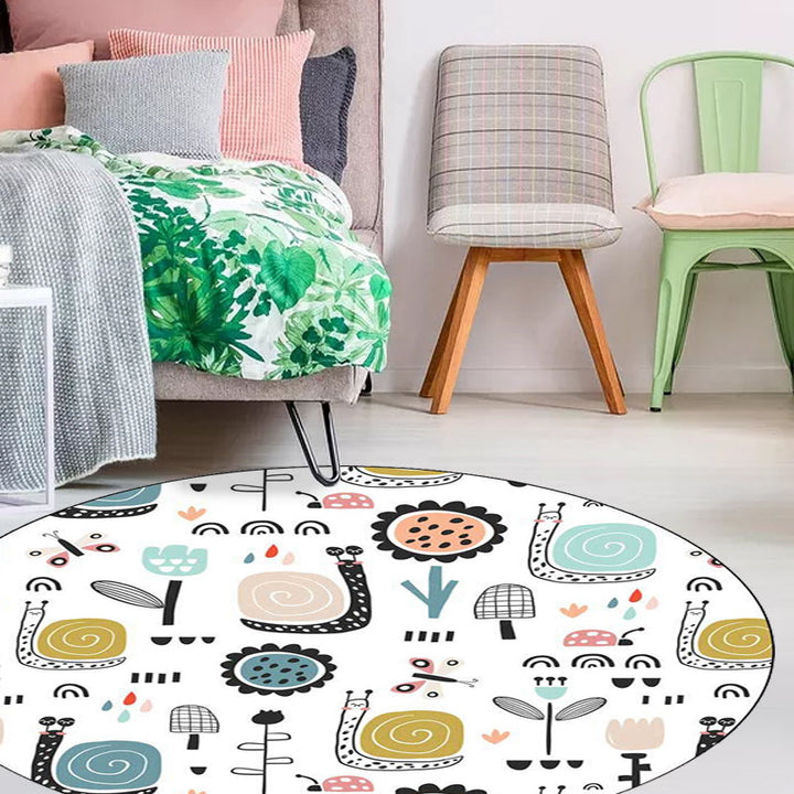 Stornfield | Unique White Snail, Butterfly, and Flower Pattern Children's Rug Non-Slip Polyester Mat for Kids' Room