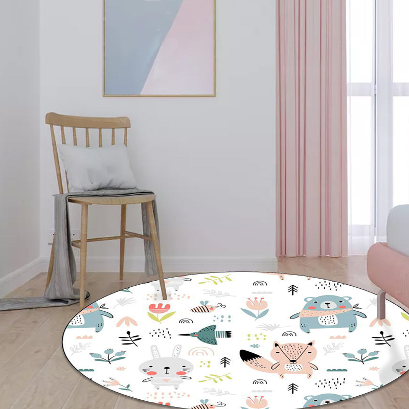 Stornfield | White Children's Bedroom Rug Polyester Floor Mat with Animal Pattern for Kids, Rabbit, Fox, Bear, Flower, Non-slip Rug
