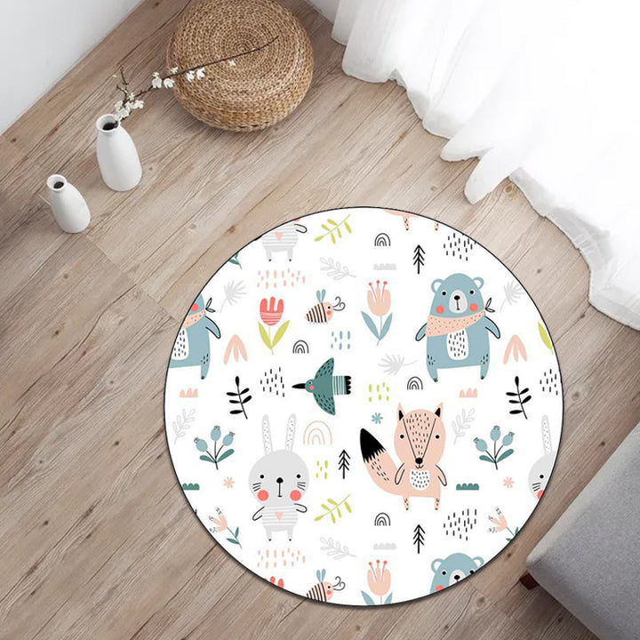 Stornfield | White Children's Bedroom Rug Polyester Floor Mat with Animal Pattern for Kids, Rabbit, Fox, Bear, Flower, Non-slip Rug
