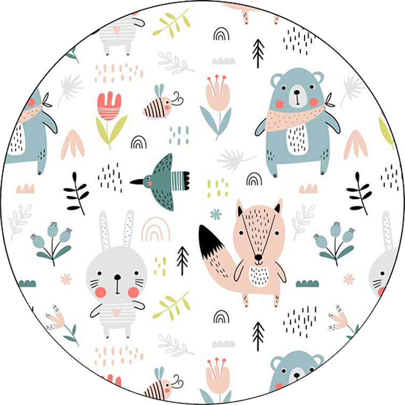 Stornfield | White Children's Bedroom Rug Polyester Floor Mat with Animal Pattern for Kids, Rabbit, Fox, Bear, Flower, Non-slip Rug