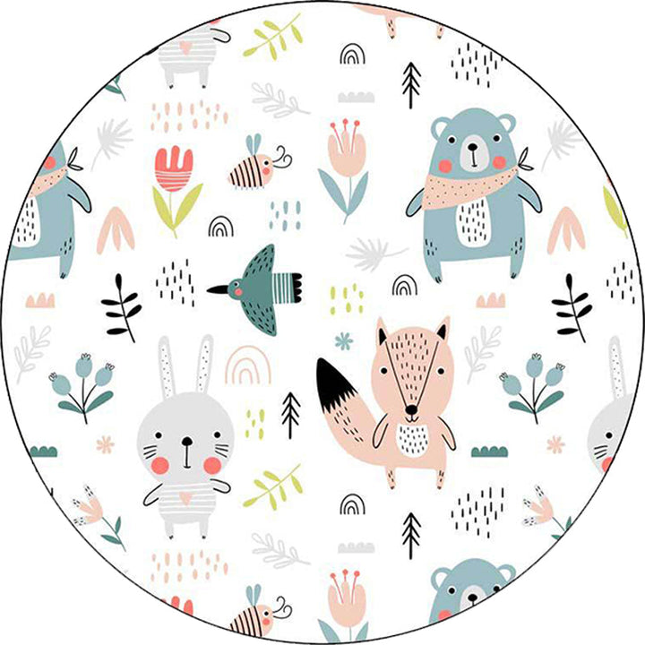Stornfield | White Children's Bedroom Rug Polyester Floor Mat with Animal Pattern for Kids, Rabbit, Fox, Bear, Flower, Non-slip Rug