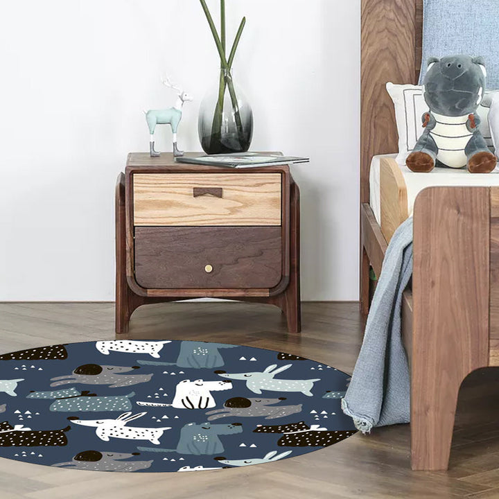 Stornfield | Blue Animal Rabbit Dog Polyester Casual Children's Rug Stain Resistant Washable Mat for Kids Room