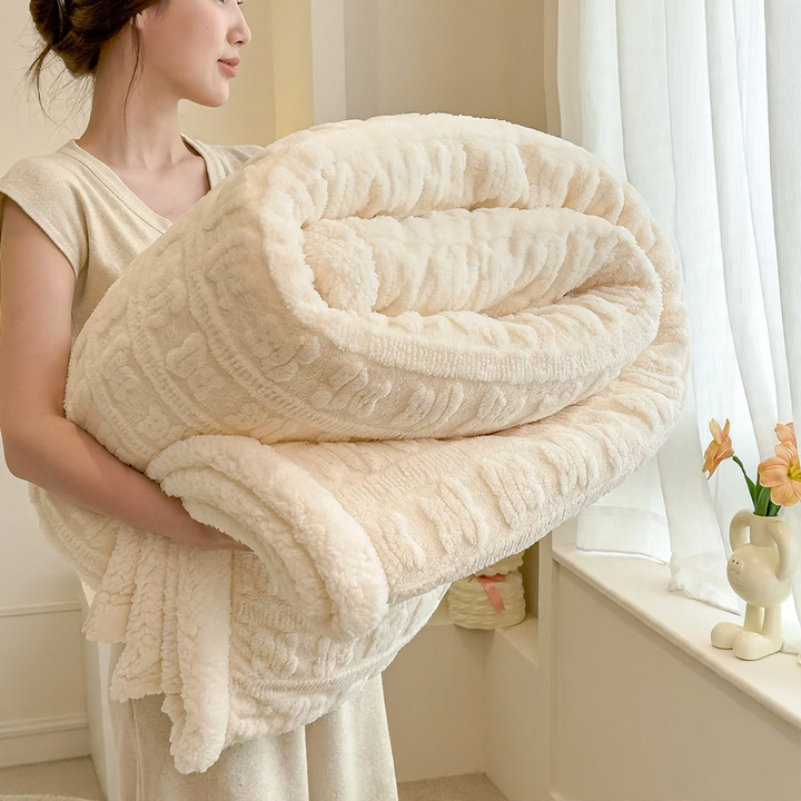 Jacquard sofa blanket with lamb fleece imitation, double-layered