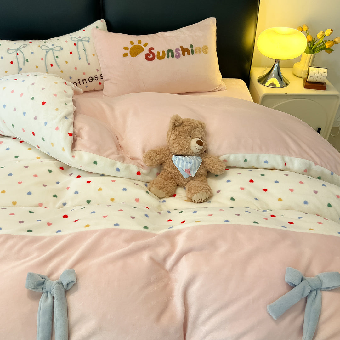 Milk fiber fleece bedding set with bow design