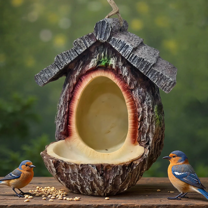Decorative birdhouse in stump tree look made of resin
