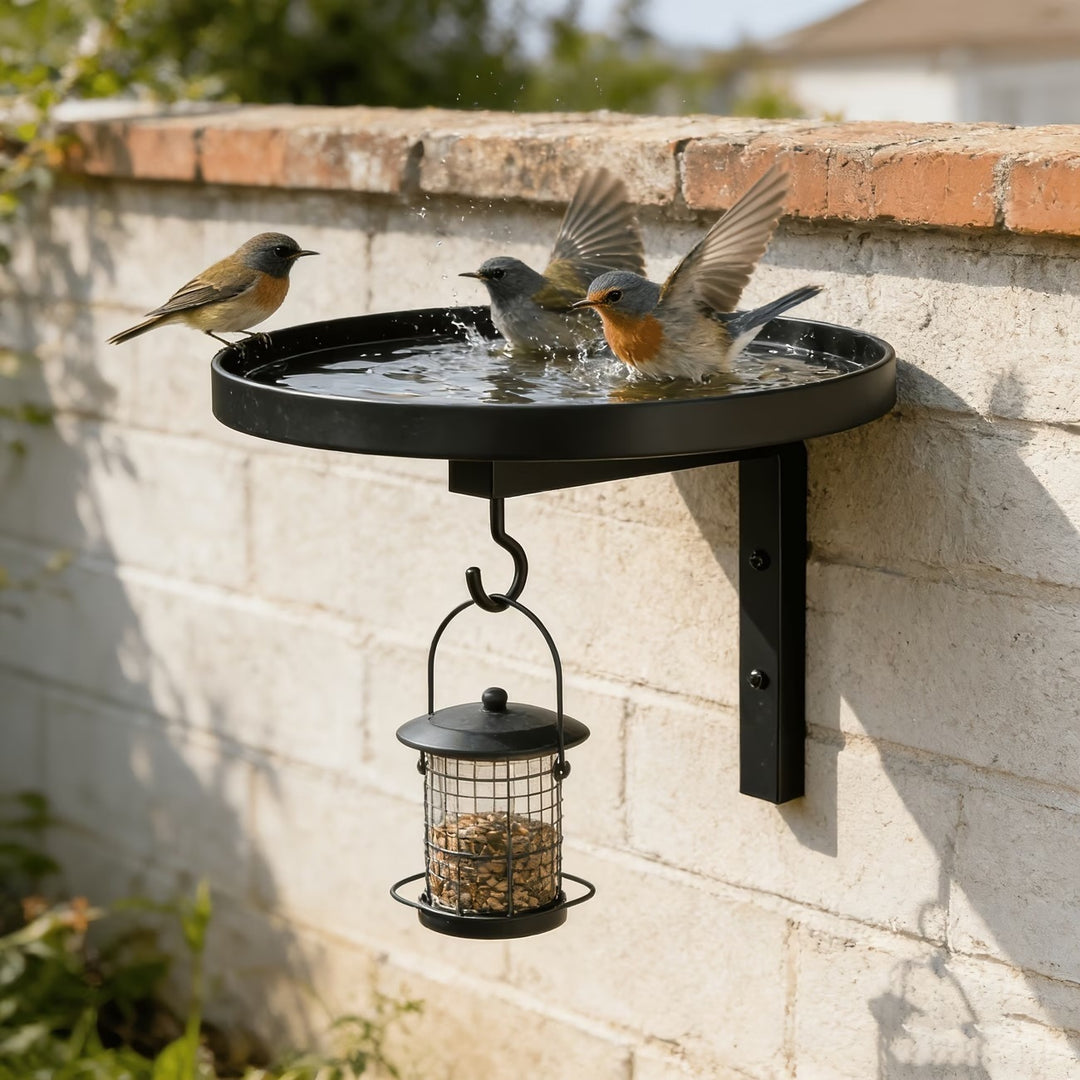 Wall-mounted birdbath made of metal