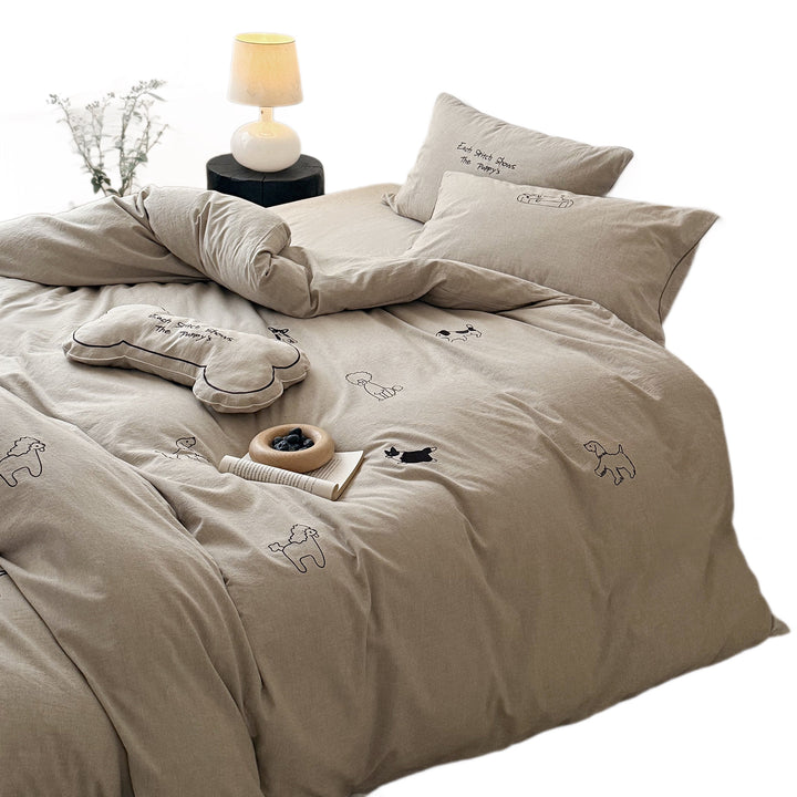 Cotton bedding set with dog embroidery