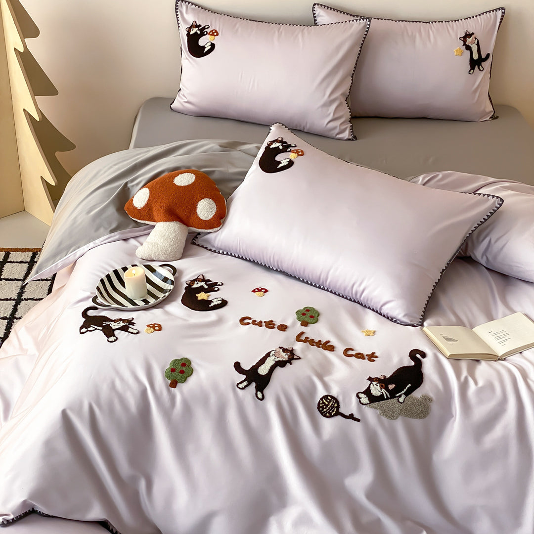 Cotton bedding set with towel embroidery, 4-piece