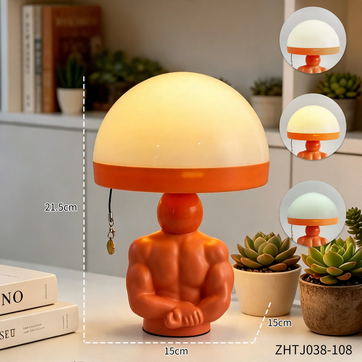 Mushroom table lamp with muscle figure