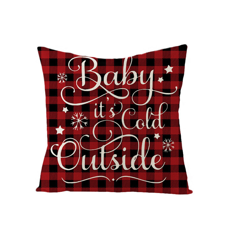 Square Linen-Blend Holiday Throw Pillow Cover with Buffalo Plaid Tree and Script Greeting