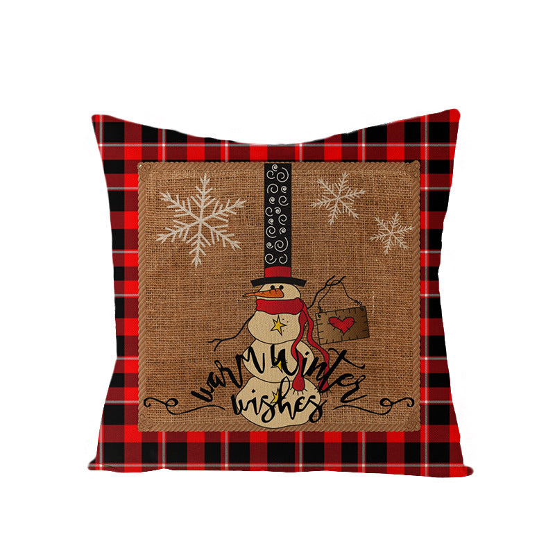 Square Linen-Blend Holiday Throw Pillow Cover with Buffalo Plaid Tree and Script Greeting