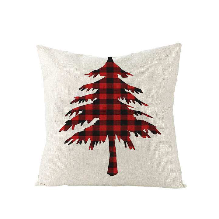 Square Linen-Blend Holiday Throw Pillow Cover with Buffalo Plaid Tree and Script Greeting
