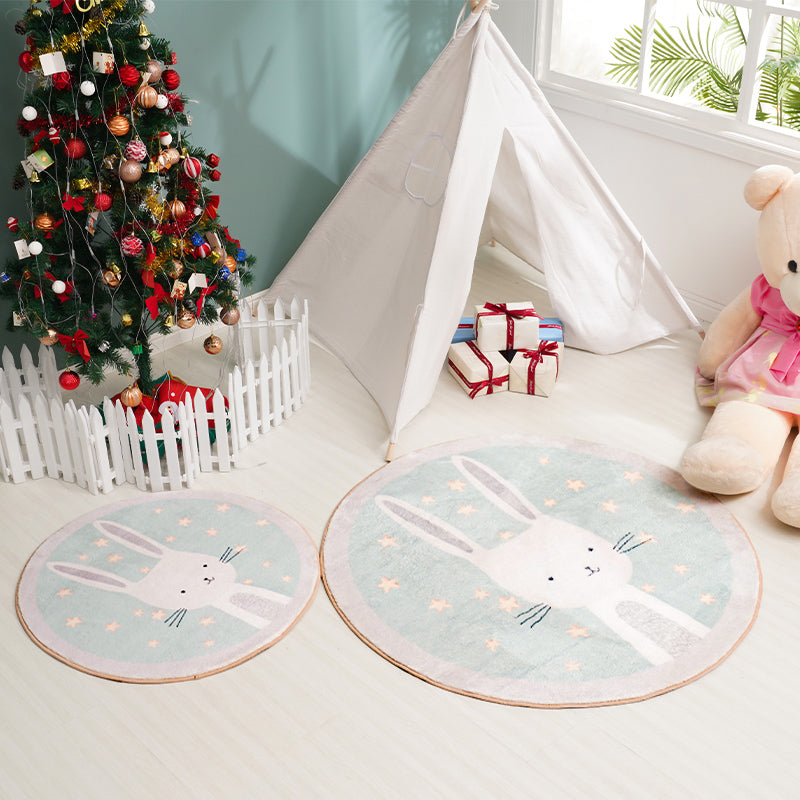 Stornfield | Green Polyester Carpet with Rabbit Cartoon Pattern for Kids, Washable Rug with Non-Slip Backing for Home Decor