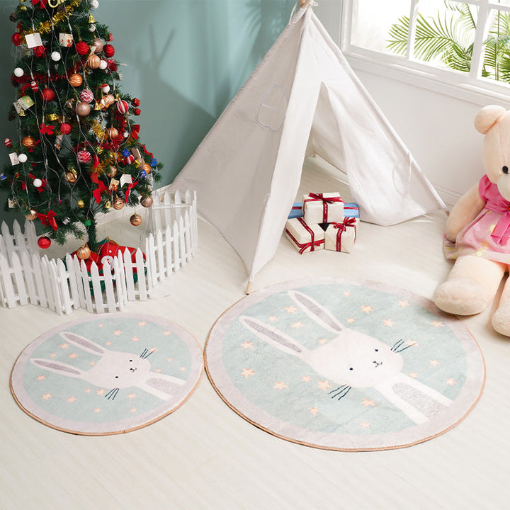 Stornfield | Green Polyester Carpet with Rabbit Cartoon Pattern for Kids, Washable Rug with Non-Slip Backing for Home Decor