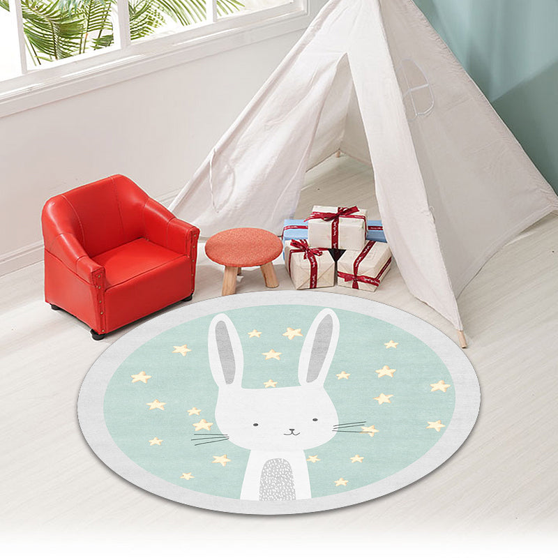 Stornfield | Green Polyester Carpet with Rabbit Cartoon Pattern for Kids, Washable Rug with Non-Slip Backing for Home Decor