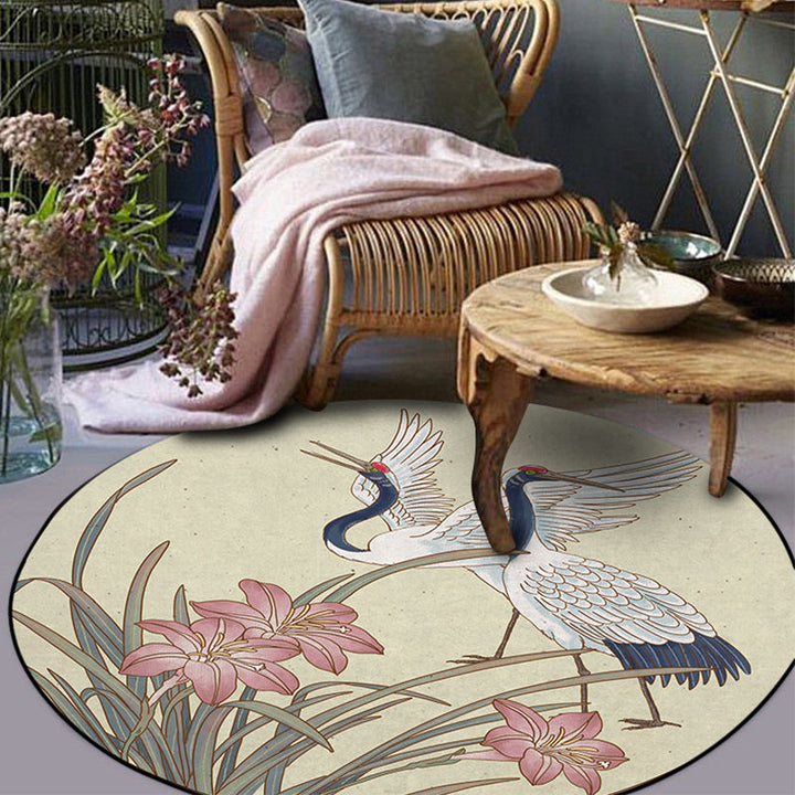 Stornfield | Yellow Eastern Polyester Rug with Flowers and Cranes Pattern Washable Anti-Slip Rug for Living Room
