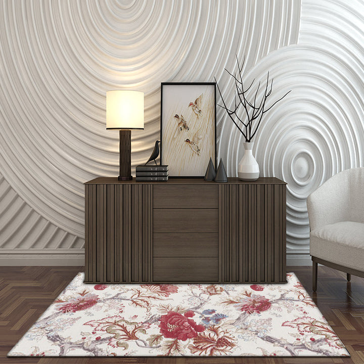 Stornfield | Red Vintage Floral Rug Polyester Machine Washable Non-Slip Carpet for Living Room