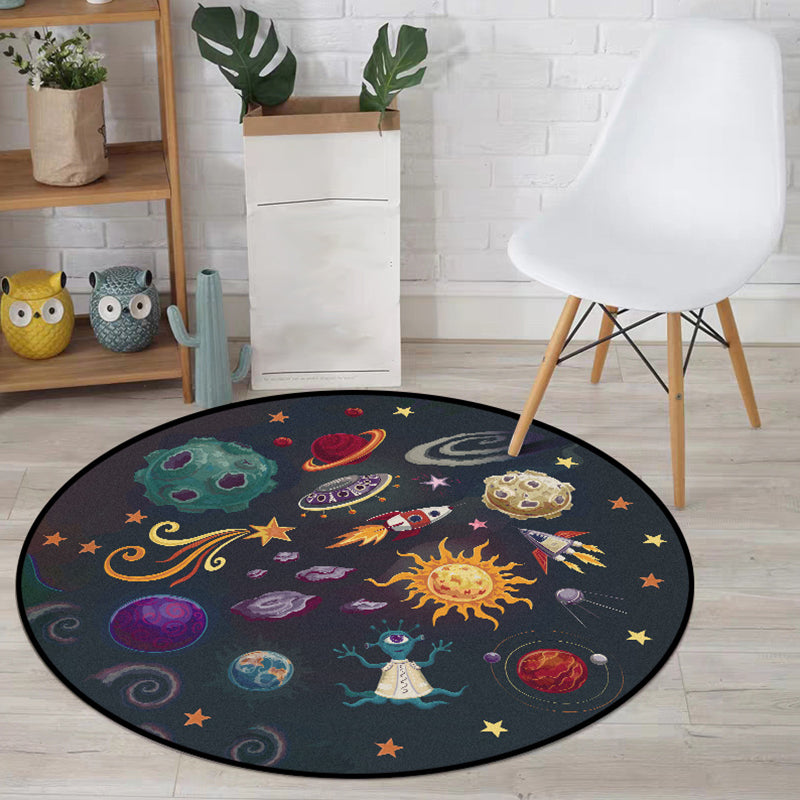 Stornfield | Polyester Black Alien Planet Rocket Print Nursery Rug, Machine Washable Floor Mat