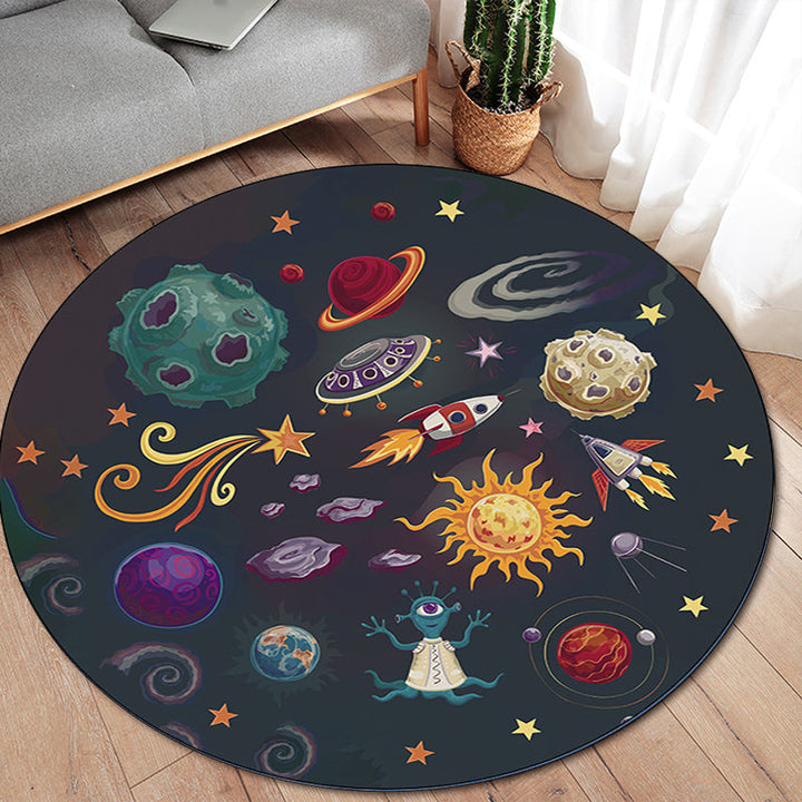Stornfield | Polyester Black Alien Planet Rocket Print Nursery Rug, Machine Washable Floor Mat