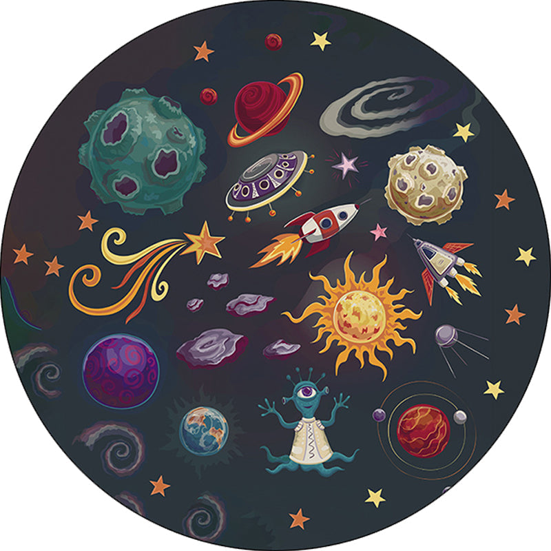 Stornfield | Polyester Black Alien Planet Rocket Print Nursery Rug, Machine Washable Floor Mat