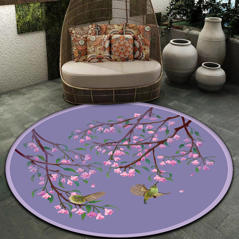 Stornfield | Purple Polyester Oriental Rug with Floral and Bird Pattern, Washable with Non-Slip Backing, Bedroom Rug