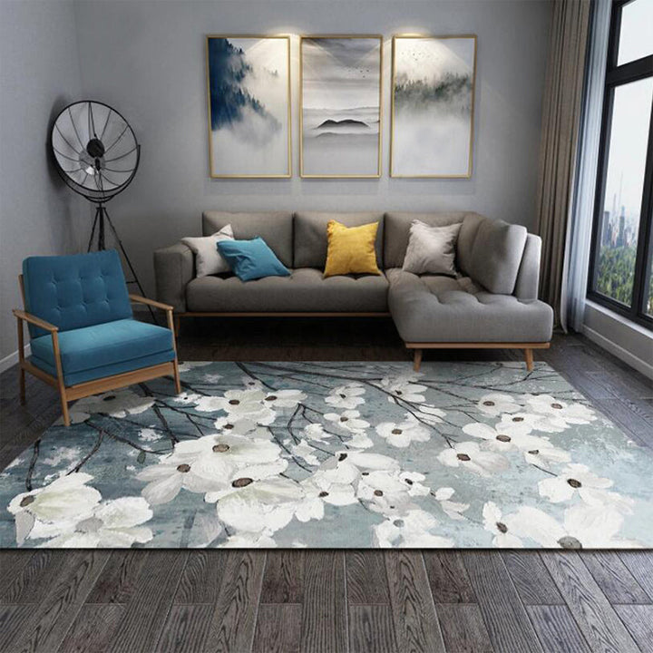Stornfield | Traditional White & Gray Floral Pattern Washable Polyester Oriental Rug with Non-Slip Backing Living Room Rug