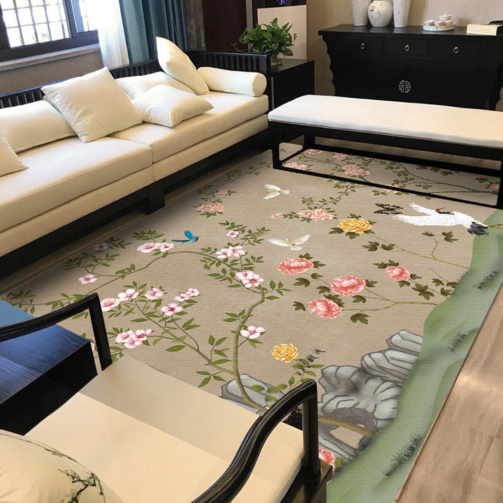 Stornfield | Vintage Floral Pattern Rug with Bird and Leaf in Khaki Polyester, Machine Washable Non-Slip Rug for Living Room