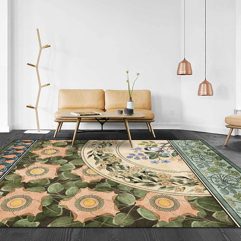 Stornfield | Green Polyester Oriental Rug with Floral and Bird Pattern Washable Rug with Non-Slip Backing Bedroom Rug