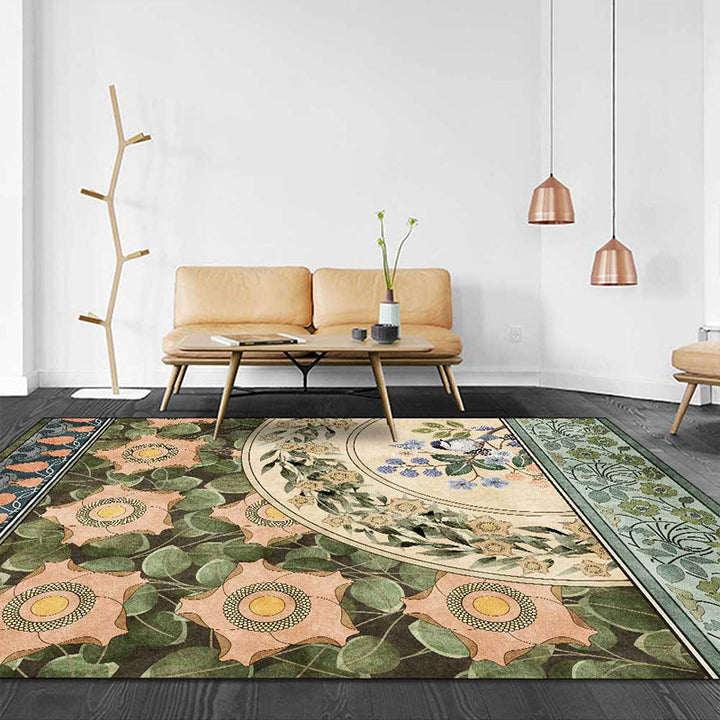 Stornfield | Green Polyester Oriental Rug with Floral and Bird Pattern Washable Rug with Non-Slip Backing Bedroom Rug