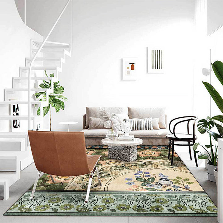 Stornfield | Green Polyester Oriental Rug with Floral and Bird Pattern Washable Rug with Non-Slip Backing Bedroom Rug