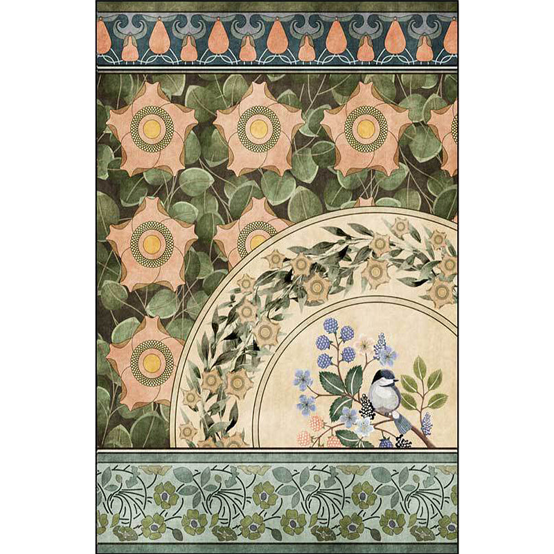 Stornfield | Green Polyester Oriental Rug with Floral and Bird Pattern Washable Rug with Non-Slip Backing Bedroom Rug