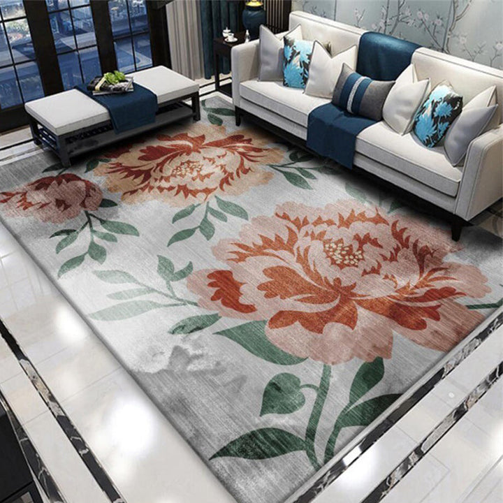 Stornfield | Grey and Red Polyester Oriental Rug with Floral and Foliage Pattern Non-Slip Washable Bedroom Rug