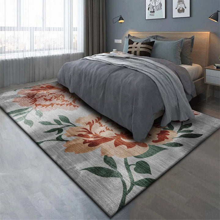 Stornfield | Grey and Red Polyester Oriental Rug with Floral and Foliage Pattern Non-Slip Washable Bedroom Rug