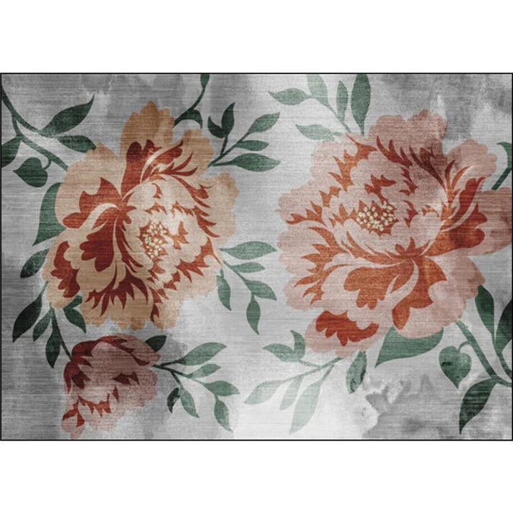 Stornfield | Grey and Red Polyester Oriental Rug with Floral and Foliage Pattern Non-Slip Washable Bedroom Rug