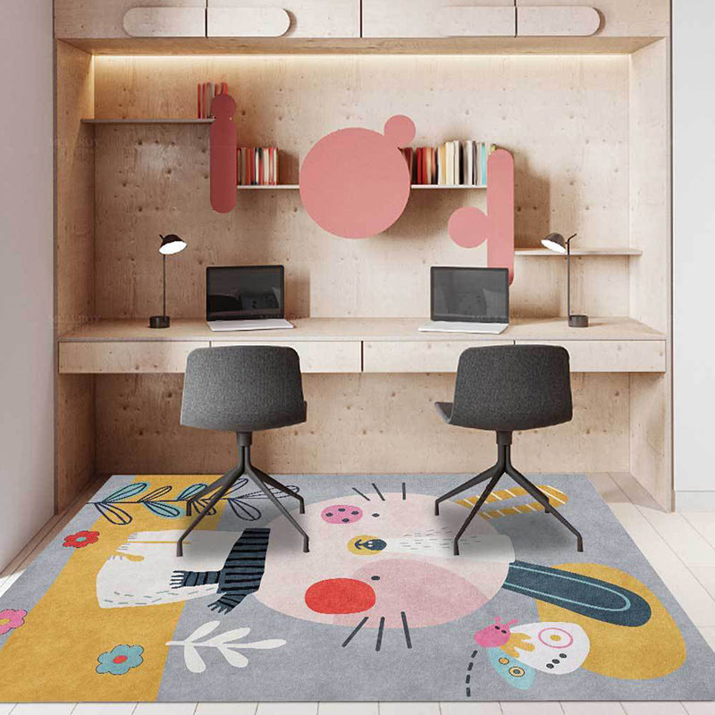 Stornfield | Casual Kids' Rug in Grey with Floral Rabbit Animal and Leaf Pattern Polyester, Washable and Pet-Friendly Rug for Kids' Room